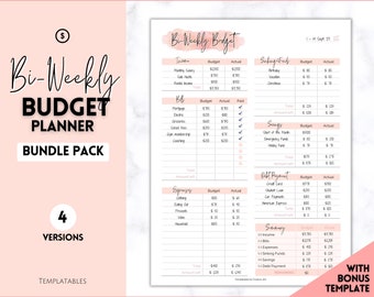 May include: A pink and white printable bi-weekly budget planner with sections for income, bills, savings, debt payments, and expenses. The planner includes a total of four versions. The text "Bi-Weekly Budget" is at the top of the page.