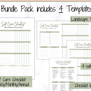 May include: Four printable self-care checklist templates in a green and white color scheme. The templates include a weekly, monthly, and annual checklist, as well as a checklist with four categories: Body, Physical, Emotional, and Spiritual. The text "Self Care Checklist" is written in a handwritten font.