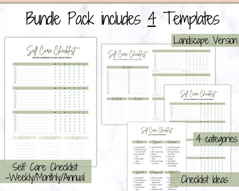 May include: Four printable self-care checklist templates in a green and white color scheme. The templates include a weekly, monthly, and annual checklist, as well as a checklist with four categories: Body, Physical, Emotional, and Spiritual. The text "Self Care Checklist" is written in a handwritten font.