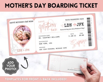 MOTHERS DAY Boarding Ticket Template, Surprise Boarding Pass for Mom, Plane Ticket Vacation, Fake Airline Flight Trip, Last Minute Gift, Mum