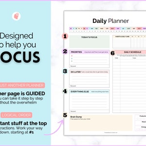 May include: A daily planner with a pink and green color scheme. The planner is divided into sections for today's focus, priorities, do later, everything else, brain dump, habits and self-care, and a daily schedule. The planner is designed to help you focus and stay organized.