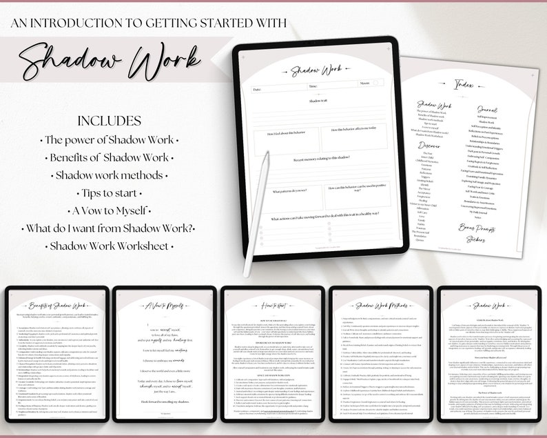 May include: A digital tablet displaying a guide to shadow work, with sections on the power of shadow work, benefits, methods, tips to start, a vow to oneself, what you want from shadow work, and a worksheet. The guide is titled "Shadow Work".