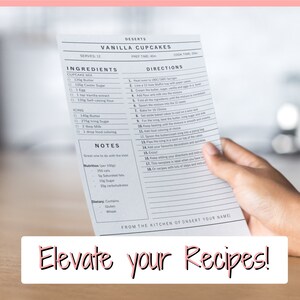 May include: A black and white recipe card for vanilla cupcakes. The card lists the ingredients, directions, and nutritional information for the cupcakes. The card is titled "Vanilla Cupcakes" and is from "The Kitchen of [Insert Your Name]".