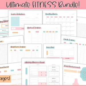 May include: A printable fitness planner bundle with 20 pages. The pages include trackers for goals, weight loss, steps, workouts, cardio, meals, and body measurements. The pages are designed with a pastel colour scheme and include a variety of grids and charts.