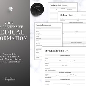 K&ouml;nnte beinhalten: Eine druckbare Vorlage f&uuml;r ein medizinisches Informationsformular mit Abschnitten f&uuml;r pers&ouml;nliche Daten, Krankengeschichte, Familienanamnese und Krankenhausinformationen.