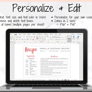May include: A laptop computer screen displaying a Microsoft Word document with a printable vanilla cupcake recipe. The recipe includes ingredients and directions for making the cupcakes. The document is titled "Vanilla Cupcake Recipe".