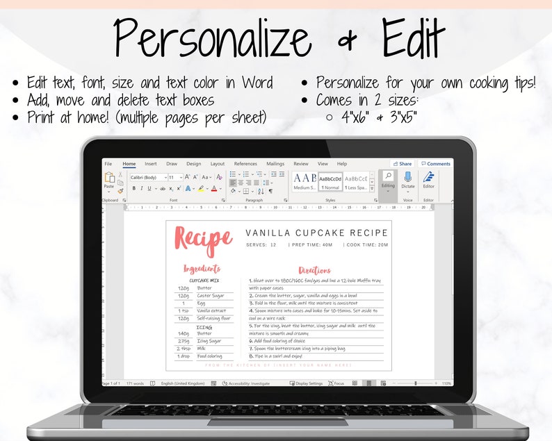 May include: A laptop computer screen displaying a Microsoft Word document with a printable vanilla cupcake recipe. The recipe includes ingredients and directions for making the cupcakes. The document is titled "Vanilla Cupcake Recipe".
