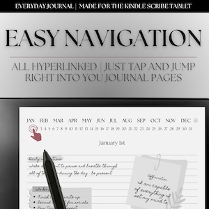K&ouml;nnte beinhalten: Ein Schwarzwei&szlig;bild eines Kindle Scribe Tablets, auf dem ein digitales Tagebuch mit einem Kalender, t&auml;glichen Notizen und einer Affirmation angezeigt wird. Der Text auf dem Bildschirm lautet "EASY NAVIGATION", "ALL HYPERLINKED | JUST TAP AND JUMP RIGHT INTO YOU JOURNAL PAGES", "January 1st", "Daily Intentions", "Take a moment to pause and breathe through all of the day - be present", "To Do", "Finish Book", "Write up report for socials", "Record Event", "Affirmation", "I am capable of everything & set my mind to".