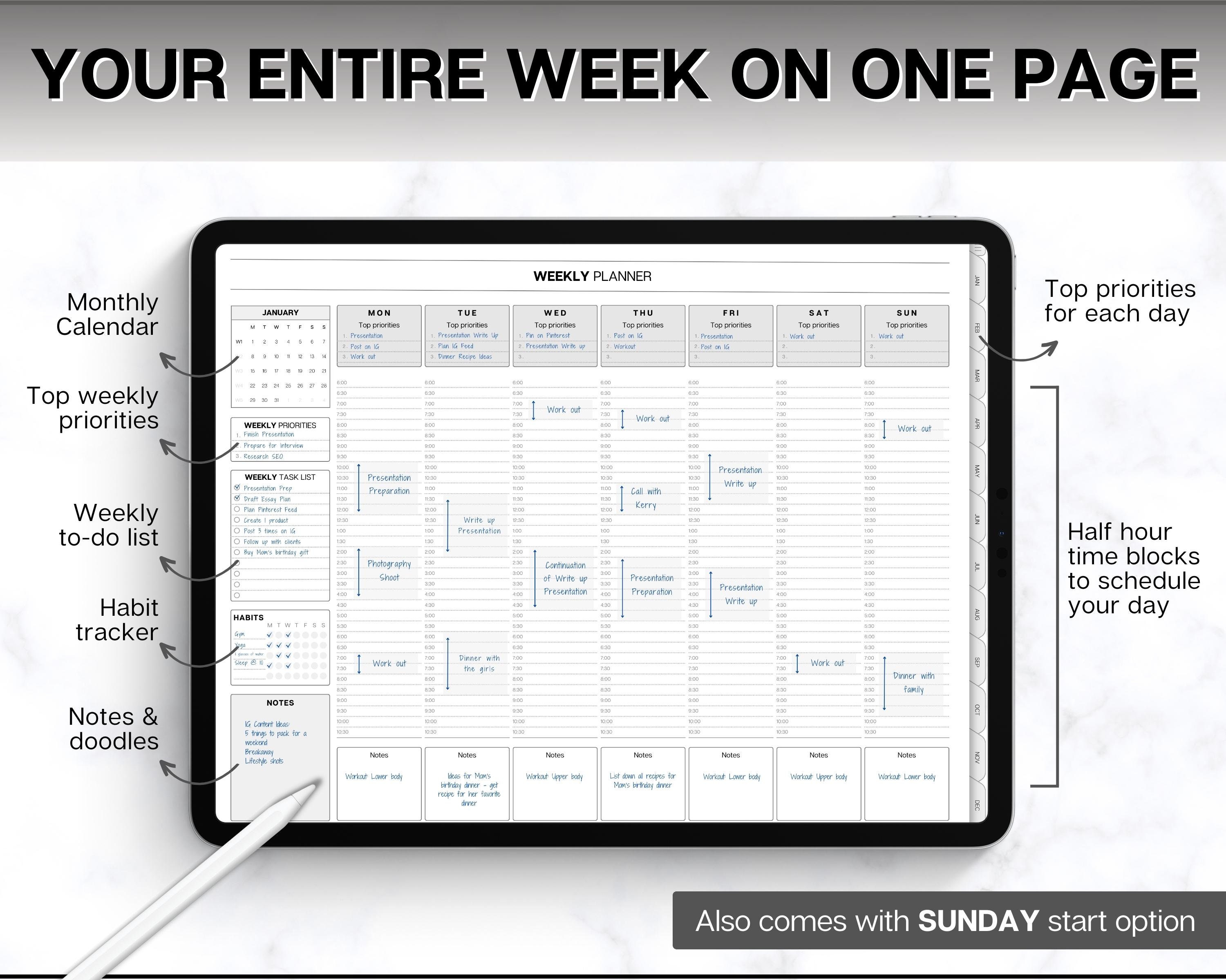 WEEKLY Hourly Digital Planner, 2024 Digital Planner, iPad Planner ...
