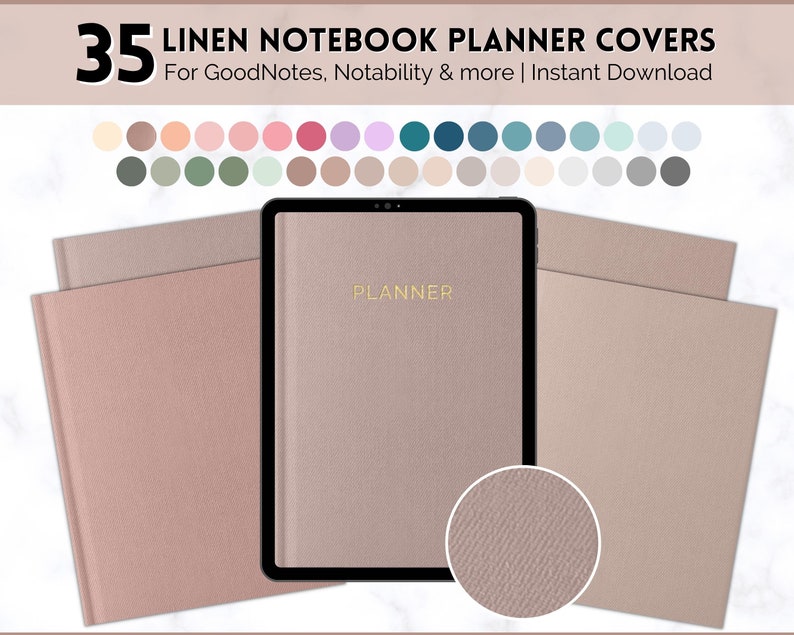Op de afbeelding: 35 digitale planner-hoezen met een linnen textuur in verschillende kleuren. De hoezen zijn ontworpen voor GoodNotes, Notability en andere notitie-apps. De afbeelding toont een roze hoes met het woord "PLANNER" in gouden letters.