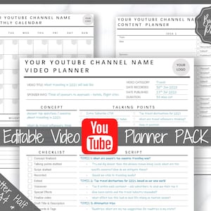 Youtube Planner, Video Planner, Social Media Content Calendar, EDITABLE BUNDLE, Printable Vlog Checklist, You Tube Template, Script, Tracker