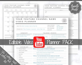 Youtube Planner, Video Planner, Social Media Content Calendar, EDITABLE BUNDLE, Printable Vlog Checklist, You Tube Template, Script, Tracker