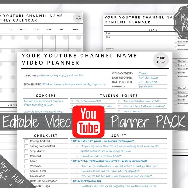 Youtube Planner, Video Planner, Social Media Content Calendar, EDITABLE BUNDLE, Printable Vlog Checklist, You Tube Template, Script, Tracker