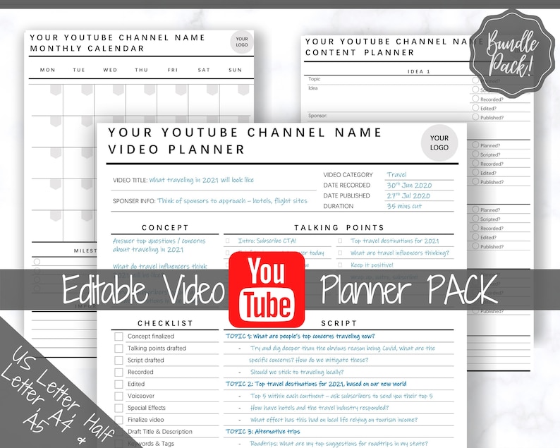 May include: A printable YouTube video planner pack with a checklist, script, and concept section. The planner is designed to help you plan and organize your YouTube videos. The planner is editable and includes a YouTube logo.