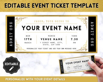 EDITABLE Event Ticket Template, DIY Event Printable, Surprise Getaway, Invitation, Christmas, Gift for him, Musical, Theatre Show, Concert