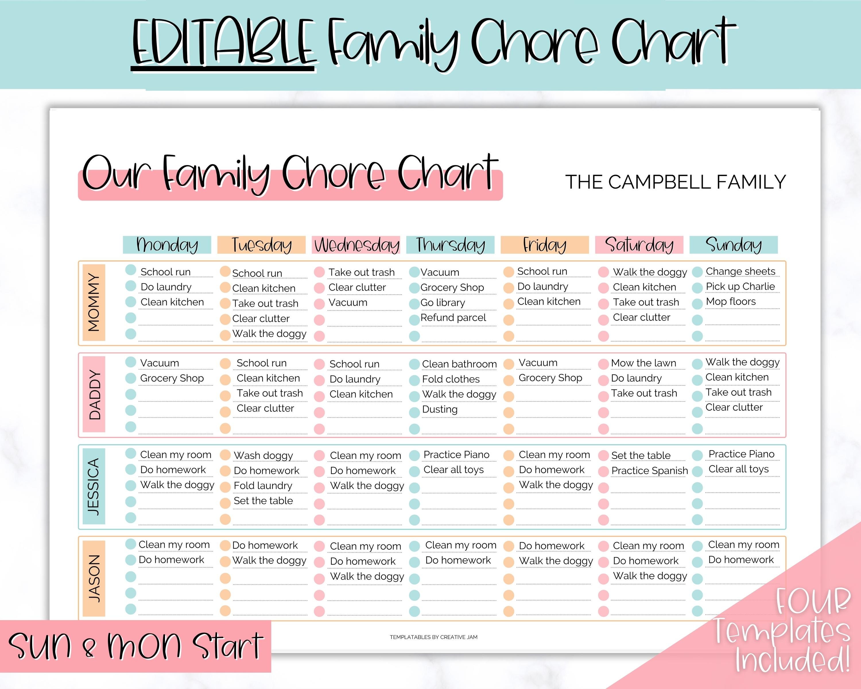 Family Chore Chart Editable Family Planner Printable Weekly