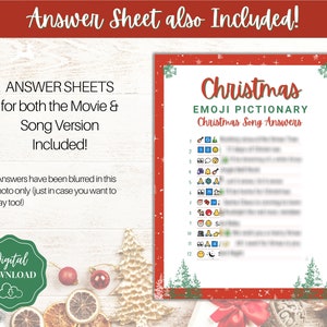 May include: A red and green printable Christmas Emoji Pictionary game with a red border and white snowflakes. The game includes 12 Christmas song answers with emojis. The text "Christmas Emoji Pictionary Christmas Song Answers" is at the top of the page.