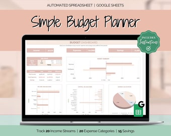 SIMPLE Budget Planner, Google Sheets Budget Spreadsheet, Monthly Budget Template, Automated Paycheck Financial Planner, Expenses Savings