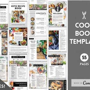 Puede incluir: Una plantilla de libro de cocina en blanco y negro con 55 p&aacute;ginas. La plantilla presenta una variedad de im&aacute;genes de comida, incluidas recetas keto-friendly, tostadas francesas y otros platos. La plantilla est&aacute; hecha en Canva e incluye secciones para consejos de cocina, recetas, art&iacute;culos y un paquete de asociaci&oacute;n.
