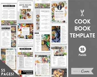 May include: A black and white cookbook template with 55 pages. The template features a variety of images of food, including keto-friendly recipes, French toast, and other dishes. The template is made in Canva and includes sections for cooking tips, recipes, articles, and a partnership package.