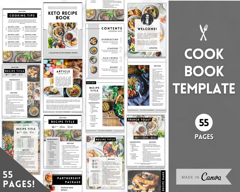 Puede incluir: Una plantilla de libro de cocina en blanco y negro con 55 p&aacute;ginas. La plantilla presenta una variedad de im&aacute;genes de comida, incluidas recetas keto-friendly, tostadas francesas y otros platos. La plantilla est&aacute; hecha en Canva e incluye secciones para consejos de cocina, recetas, art&iacute;culos y un paquete de asociaci&oacute;n.