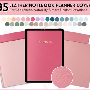 May include: 35 digital planner covers with a leather texture in various colors. The cover shown is pink with the word "PLANNER" in gold lettering.