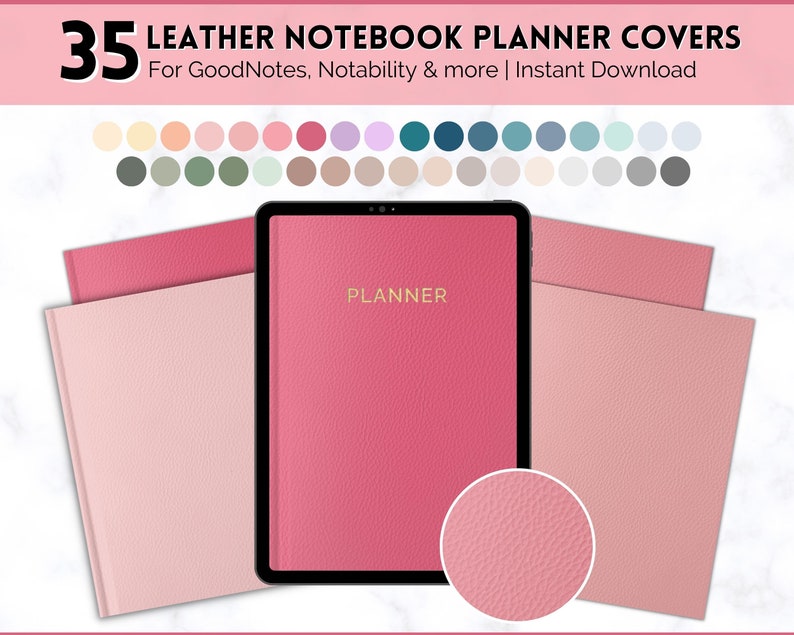 May include: 35 digital planner covers with a leather texture in various colors. The cover shown is pink with the word "PLANNER" in gold lettering.