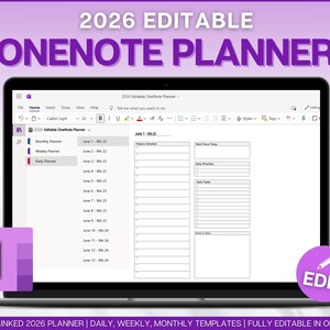 Puede incluir: Un portátil que muestra un planificador OneNote editable de 2026. La pantalla muestra una plantilla de planificador diario con secciones para horarios, prioridades y notas. La imagen incluye el logotipo de OneNote y la palabra "EDIT".