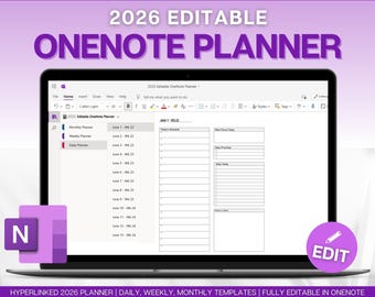 OneNote Planner, EDITABLE 2026 Digital Planner, OneNote Template, Daily, Weekly, Monthly Planning for Windows, Adhd, Notebook, One Note