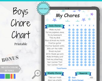 Boys Chore Chart. Behaviour chart. Chore Chart for Kids. Reward Chart included.  Routine Chart & Checklist. Blue Green Chore Chart Printable