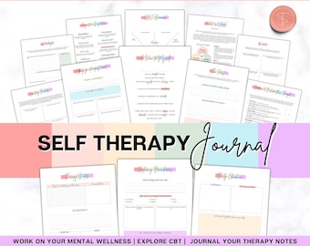 Självterapijournal, arbetsbok för självterapi på över 30 sidor, KBT, handledningar för guidad journal, utskrivbara arbetsblad, skuggarbete, mindfulness, färgglad