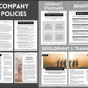 Peut inclure: Un manuel de politique d'entreprise avec des sections sur les cong&eacute;s, les normes de conduite, les avantages, le travail &agrave; distance, le d&eacute;veloppement et la formation, l'&eacute;galit&eacute;, l'inclusion et la diversit&eacute;. Le manuel a un design moderne avec un fond gris et du texte blanc.
