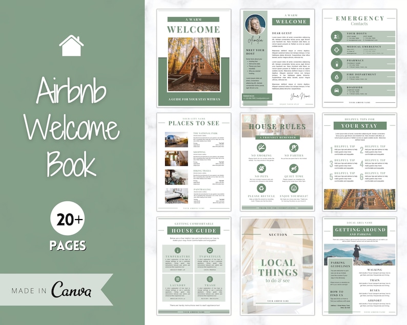Peut inclure: Un livre de bienvenue vert et blanc pour les h&ocirc;tes Airbnb avec plus de 20 pages. Le livre comprend des sections pour les coordonn&eacute;es d'urgence, le r&egrave;glement int&eacute;rieur, les endroits &agrave; visiter, un guide de la maison, les choses &agrave; faire dans les environs et les d&eacute;placements. Le livre est r&eacute;alis&eacute; avec Canva.