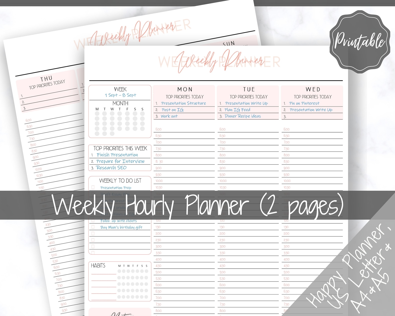 Weekly Planner Printable Hourly Planner Week on 2 pages | Etsy