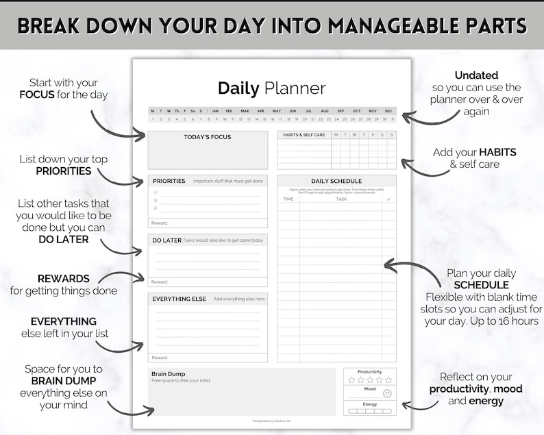ADHD Daily Planner for Adults, Neurodivergent, Brain Dump Template, cleaning, student, digital life daily planner, to do list printable image 6