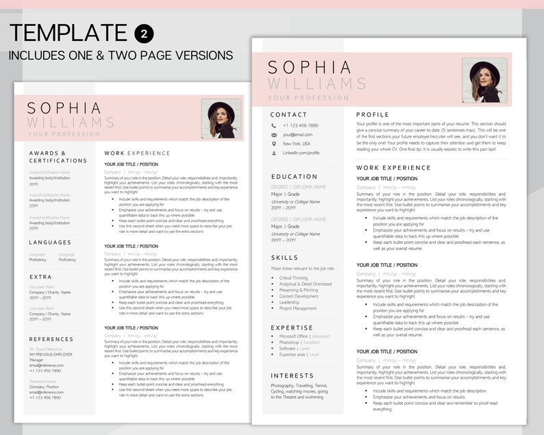 Puede incluir: Una plantilla de curr&iacute;culum vitae rosa y blanca con una foto profesional de una mujer. La plantilla incluye secciones para informaci&oacute;n de contacto, educaci&oacute;n, experiencia laboral, habilidades, experiencia, intereses, premios y certificaciones, idiomas, extras y referencias. La plantilla est&aacute; dise&ntilde;ada para una o dos p&aacute;ginas.
