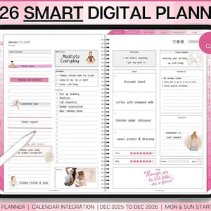 May include: A digital planner on a tablet, featuring a pink and white design with daily and weekly layouts. The planner includes sections for tasks, meals, and affirmations. Text on the screen reads "2026 Smart Digital Planner".