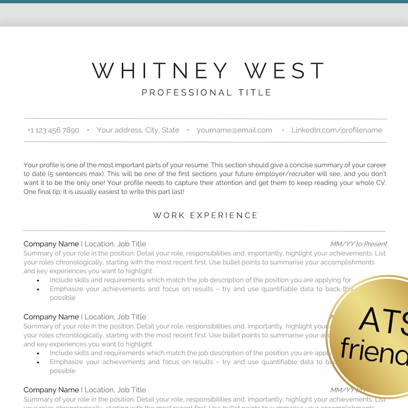 Ats Cv Template Pdf - Etsy UK
