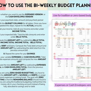 May include: A pink and blue printable bi-weekly budget planner with sections for income, bills, savings, debt payments, and a budget summary. The planner includes instructions on how to use the expenses or cash envelopes versions for traditional or zero-based budgeting.