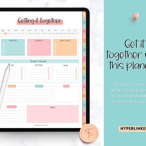 Puede incluir: Una plantilla de planificador digital en la pantalla de una tableta con el t&iacute;tulo "Getting it Together". El planificador incluye secciones para listas de tareas, personas a las que contactar y notas. La plantilla est&aacute; dise&ntilde;ada para ayudar a los usuarios a organizar sus pensamientos y tareas.