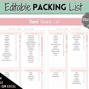 Lista de embalagem de viagem, lista de verificação de embalagem EDITÁVEL para planilhas do Google, feriados, férias, cruzeiro, faculdade, casamento, família, planejador de viagens