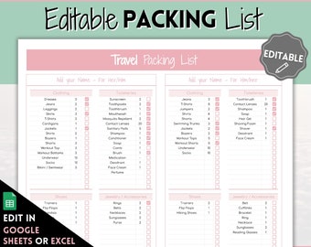 Travel Packing List, EDITABLE Packing Checklist for Google Sheets, Holiday, Vacation, Cruise, College, Wedding, Family, Travel Planner