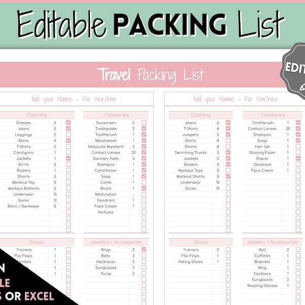 Travel Packing List, EDITABLE Packing Checklist for Google Sheets, Holiday, Vacation, Cruise, College, Wedding, Family, Travel Planner