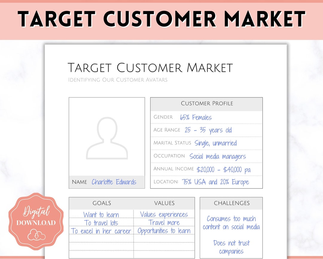 Target Customer Market Template, Customer Avatar Worksheet, Client ...