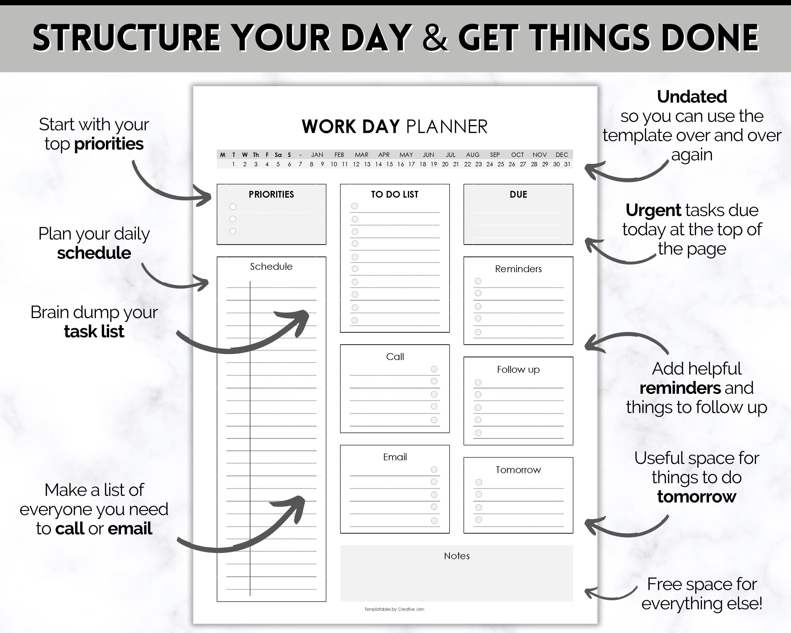 Editable Work Day Organizer, Daily Planner, Work From Home to Do List ...