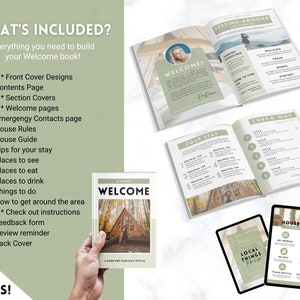 May include: A welcome book with a green and white design, featuring the text "WELCOME!" and "A GUIDE FOR YOUR STAY WITH US." The image includes open pages with helpful tips, checklists, and local information. The book contains over 20 pages.