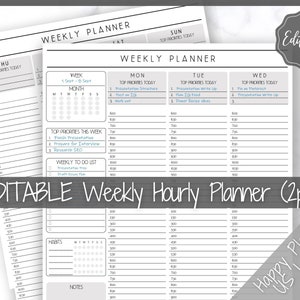 EDITABLE Weekly Planner Printable, Hourly Planner, Week on 2 pages WO2P, Weekly Schedule, Undated Planner, 2024 Weekly Organizer, To Do List