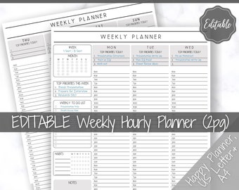 EDITABLE Weekly Planner Printable, Hourly Planner, Week on 2 pages WO2P, Weekly Schedule, Undated Planner, 2024 Weekly Organizer, To Do List