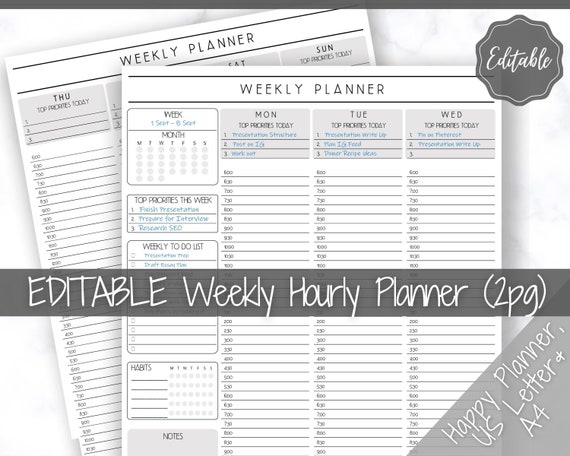 EDITABLE Weekly Planner Printable, Hourly Planner, Week on 2 pages WO2P, Weekly Schedule, Undated Planner, 2024 Weekly Organizer, To Do List
