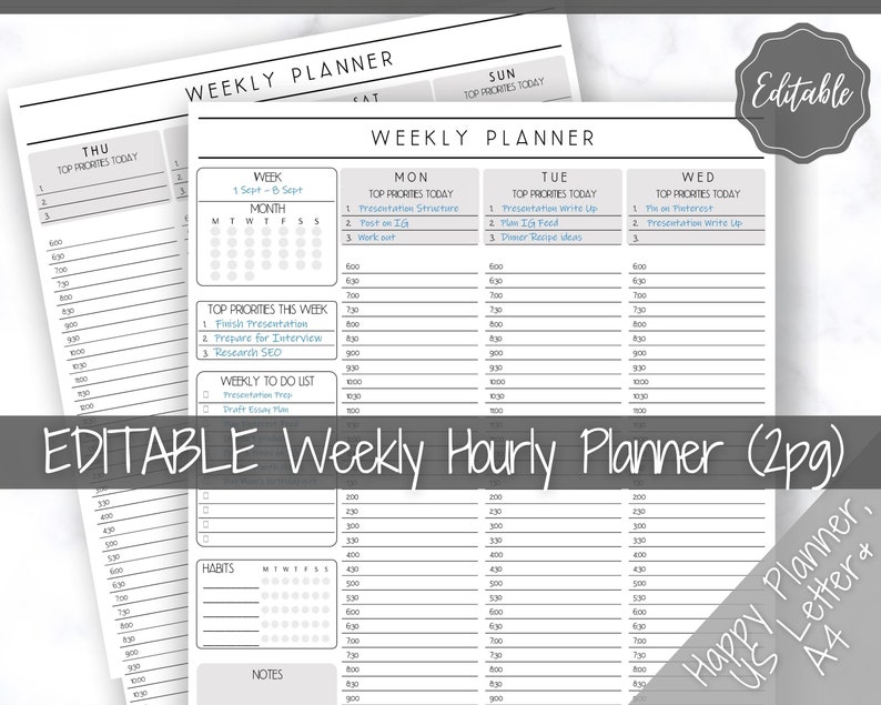 May include: Editable weekly hourly planner printable template with a gray and white color scheme. The planner includes sections for top priorities, weekly to do list, habits, and notes. The planner is designed for a week starting on Monday and ending on Sunday. The planner is available in US Letter and A4 sizes.
